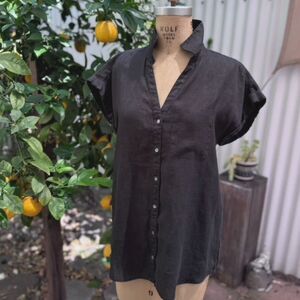 Tahari Grey Black 100% Linen Button Down Cap Short Sleeve Blouse Top Size S